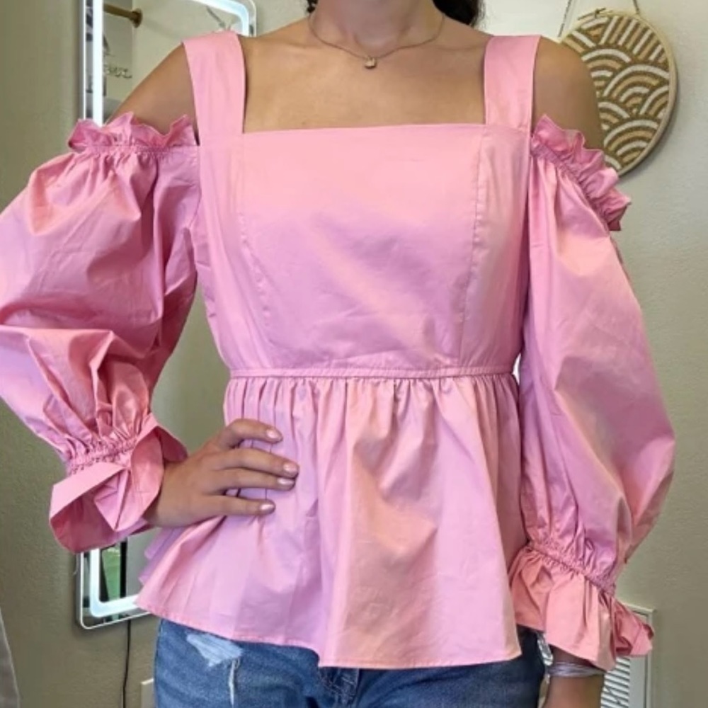 Million Colors Pink Cold Shoulder Puff Sleeve Blouse